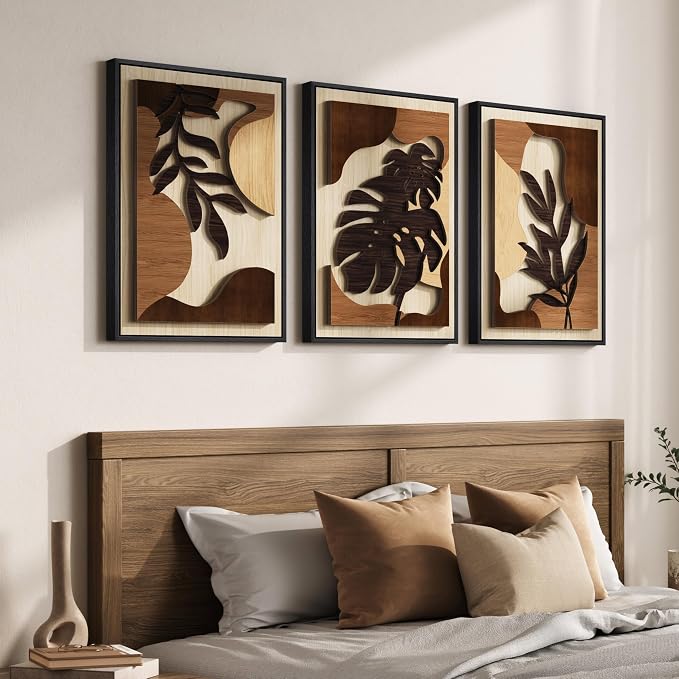 Framed Wood 3D Boho Textured Wall Art Bedroom, 3 Piece Tropical Botanical Carved Wooden Artwork for Walls, Brown Monstera Leaf Wood Wall Art Decor for Living Room Dining Room Home Office, 16x24 Inch