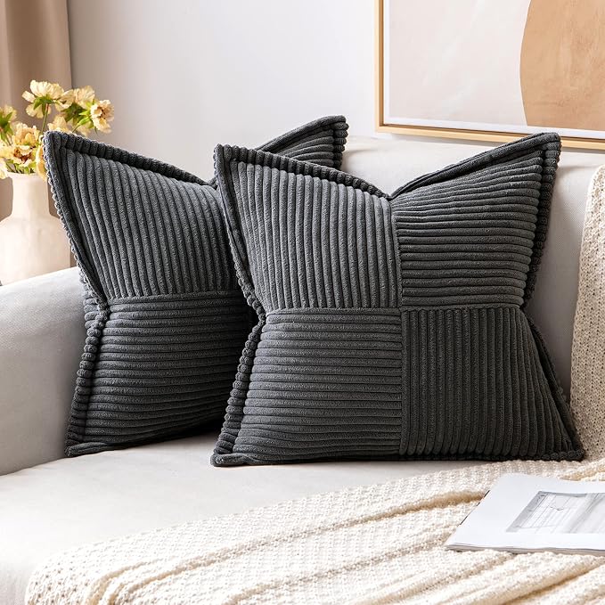 MIULEE Decorative Throw Pillow Covers for Couch 18x18 Inch Dark Grey 2 Pack | Boho Broadside Striped Patchwork Pillow Covers, Soft Corduroy Cushion Cases, For Sofa Bed Livingroom Home Decor