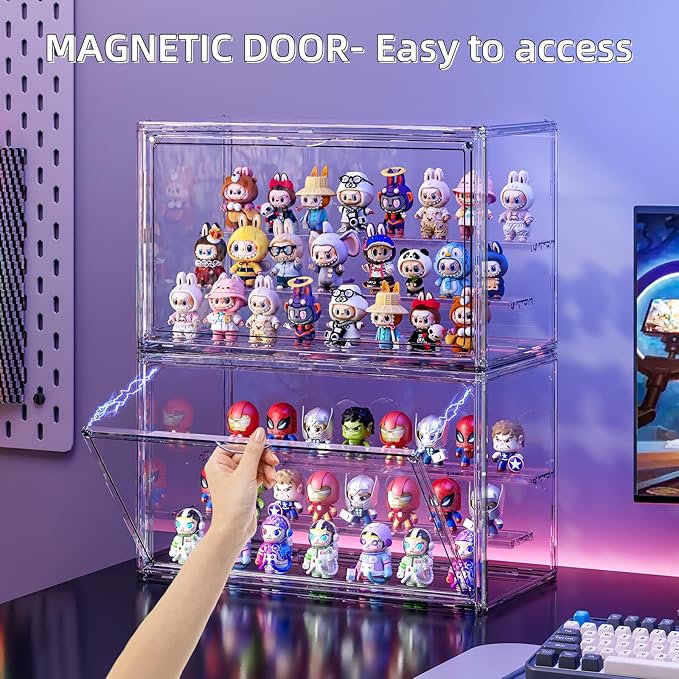 Clear Acrylic Display Case for Collectibles 3 Layer Hobby Figure Display Case Box with Shelves Stackable Figurine Display Boxes for Funko Pop Mart Labubu Model, 2 Pack
