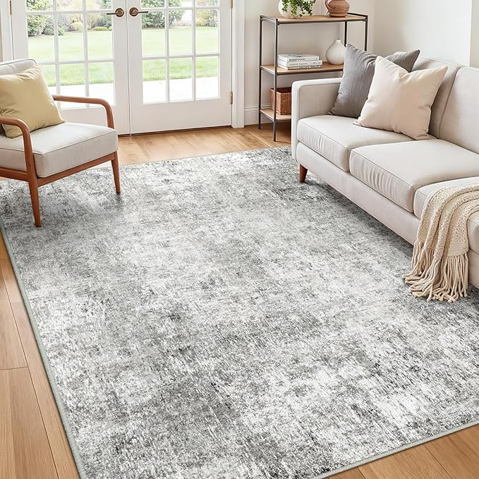 RELEANY Washable 5'x8' Abstract Area Rug for Living Room Gray White | carpet for bedroom, kitchen, office, hallway and entryway, printed pattern, non-slip, soft, stain-resistant, easy to clean