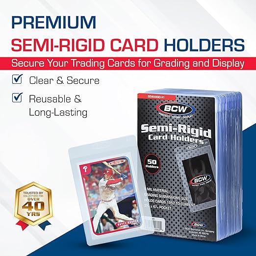 BCW Semi Rigid Card Holder #1 | 50 Pack | Semi Rigid Card Sleeves for Grading | PSA Submission I for Sports, Pokémon, and Memorabilia Cards