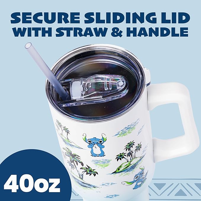 Silver Buffalo Disney Lilo and Stitch Vintage Sketch Palm Trees and Flowers Double Walled Stainless Steel Tumbler with Handle and Straw, Fits in Standard Cup Holder, 40 Ounces
