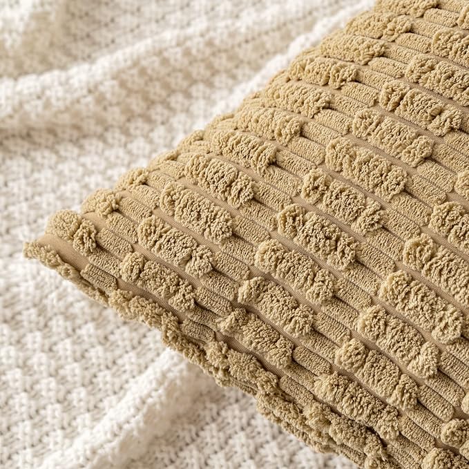MIULEE Euro Sham Corduroy Decorative Throw Pillow Covers 22x22 Khaki | Pack of 2 Soft Boho Striped Pillow Covers Modern Farmhouse Fall Home Decor For Sofa Living Room Couch Bed