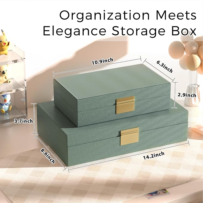 Decorative Storage Box Set of 2, PU Leather Organizer for Home Decor Green | Multi-Purpose Beautiful Decorative Container with Lids Store Photos, Documents, Memory Box Keepsakes Collect, ideal for Gifts