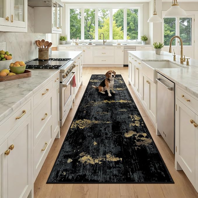 RELEANY Washable Runner 3'x9' Abstract Area Rug for Hallway Black Gold | carpet for kitchen, entryway, bathroom, living room, bedroom, printed pattern, non-slip, soft, stain-resistant, easy to clean