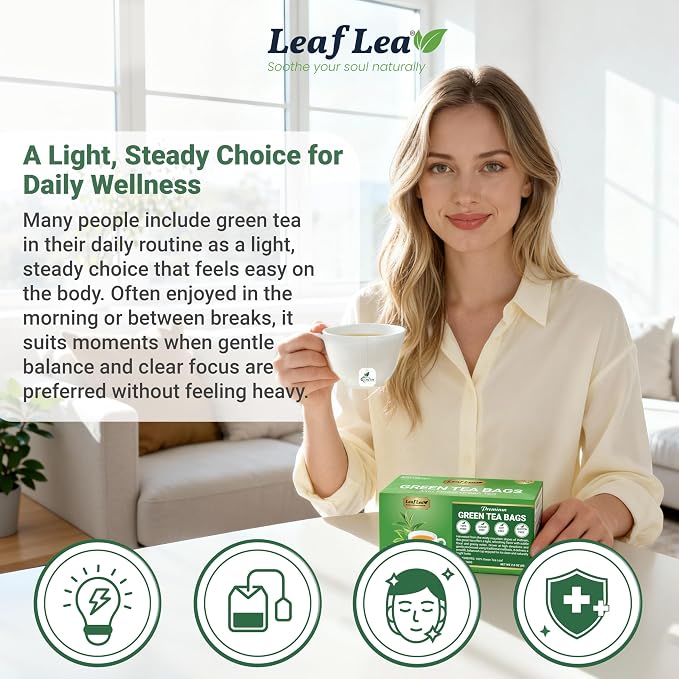LeafLea Premium Green Tea Bags, Daily Wellness & Uplifting, 80 Count | Pure Green Tea Leaves, Bright And Mild Flavor, Caffeinated, Sugar-Free, Non-GMO, Vegan, Individually Wrapped, 2 Pack
