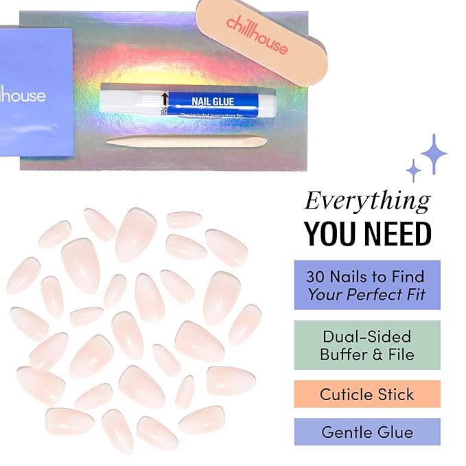 Chillhouse - Chill Tips, Press on Nails Kit - Scrubbed Down (Almond) - 30 Nail Shapes & Sizes - Up to 2 Weeks of Wear - Customizable - Reusable - Latina Founded & Women Owned - Beauty & Self Care