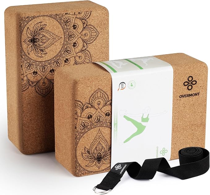 Overmont Cork Yoga Blocks 2 pack with 8ft Strap Natural Cork Bricks | High Density & Eco Friendly Yoga Accessories for Women - Ideal for Yoga Pilates General Fitness and Stretching 9x6x3''