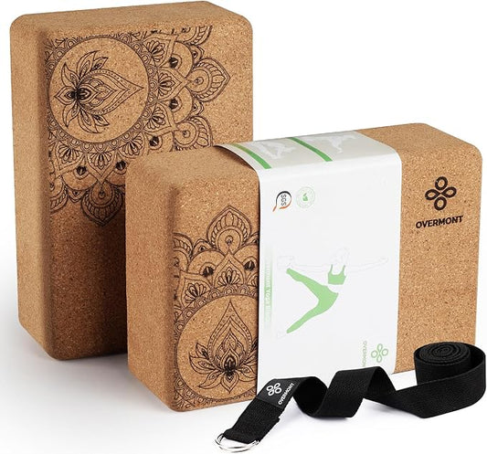 Overmont Cork Yoga Blocks 2 pack with 8ft Strap Natural Cork Bricks | High Density & Eco Friendly Yoga Accessories for Women - Ideal for Yoga Pilates General Fitness and Stretching 9x6x3''