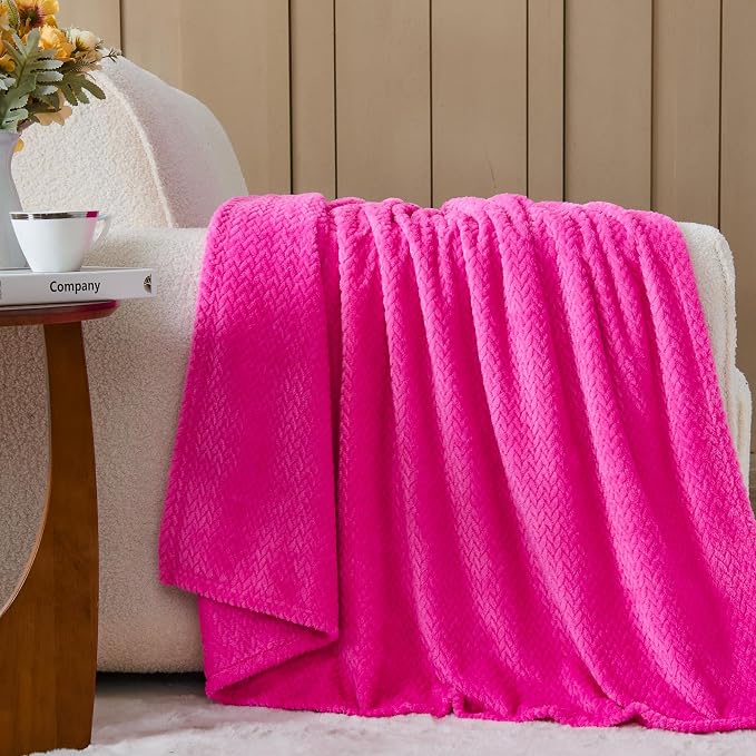 NEWCOSPLAY Fleece Leaves Pattern King Blanket, Hot Pink, 90"x110" | Super Soft Throw Blanket, Lightweight Cozy Bed Sofa Blanket, Premium Silky Flannel Fleece, Travel Blanket for All Season Use