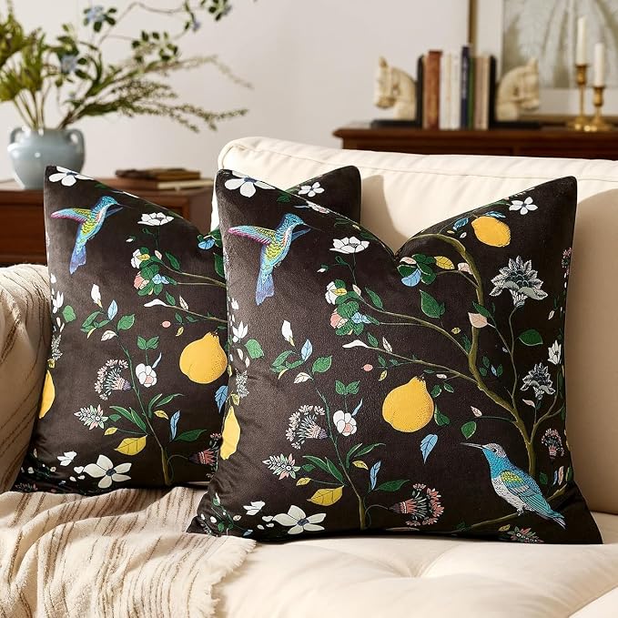 MUSSEL Brown Floral Vintage Decorative Pillow Covers 18x18 Set of 2 | Soft Velvet,Wild Flower Plant,Throw Pillows Case,Square,Colorful Farmhouse Cushion Covers,Home Sofa Bed Couch Decor