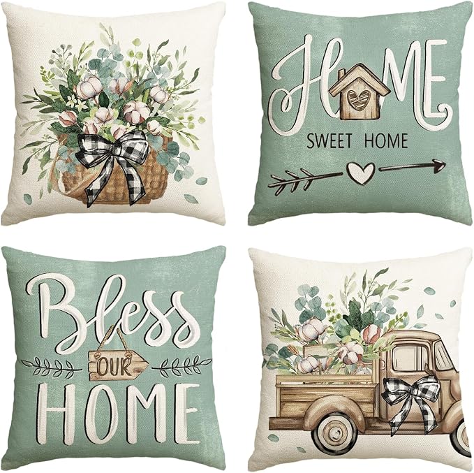 AVOIN colorlife Bless Our Home Farmhouse Eucalyptus Leaves Throw Pillow Covers, 18 x 18 Inch Truck Home Sweet Cushion Case Decorations Set of 4