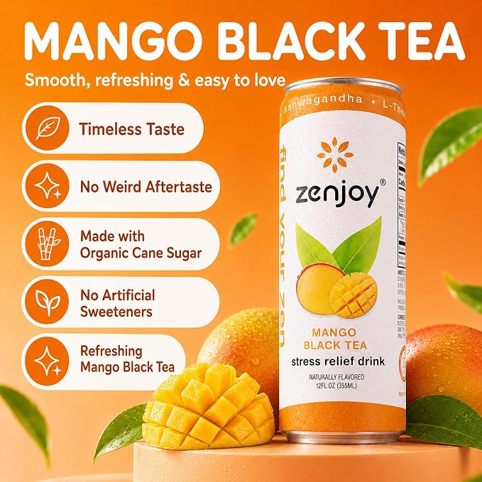 Zenjoy Adaptogen Drink Stress Relief Tea | Non Alcoholic Calming Drink w/Ashwagandha, Lemon Balm & L-Theanine for Focus | Stress Tea Calming Social Mocktail with Adaptogens (12 Pack, Mango)
