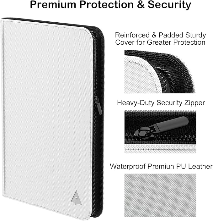 Premium 1000+ Pockets Card Binder, 16-Pocket Ringless Trading Card Album Folder - Side Loading UltraSonic-161024 Tech Zip Binder for TCG - White