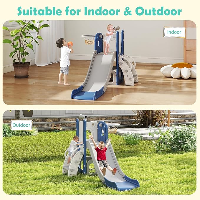 kinbor 6 in 1 Toddler Slide PlaySet - Indoor Outdoor Fun for Kids Ages 1-3, Includes Basketball Hoop, Telescope, Storage & Climber, Safe, Sturdy Baby Slide for Backyard Playground, Blue