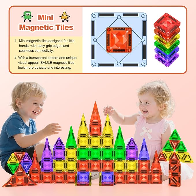 Mini Magnetic Tiles, 80PCS Diamond Pattern Travel Magnetic Tiles Building Set with Case, Construction Toys for Kids 4-8 Portable Classroom Educational Learning Toddler Toys for Boys Girls Gift Ages 3+