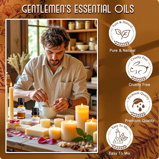 RAINBOW ABBY Fragrance Oil Gentlemen's Set - Leather, Bay Rum, Teakwood, Cedar, Sweet Tobacco, Sandalwood Aromatherapy Oils for Candle & Soap Making, Diffuser Oil Scents (6x10ML)