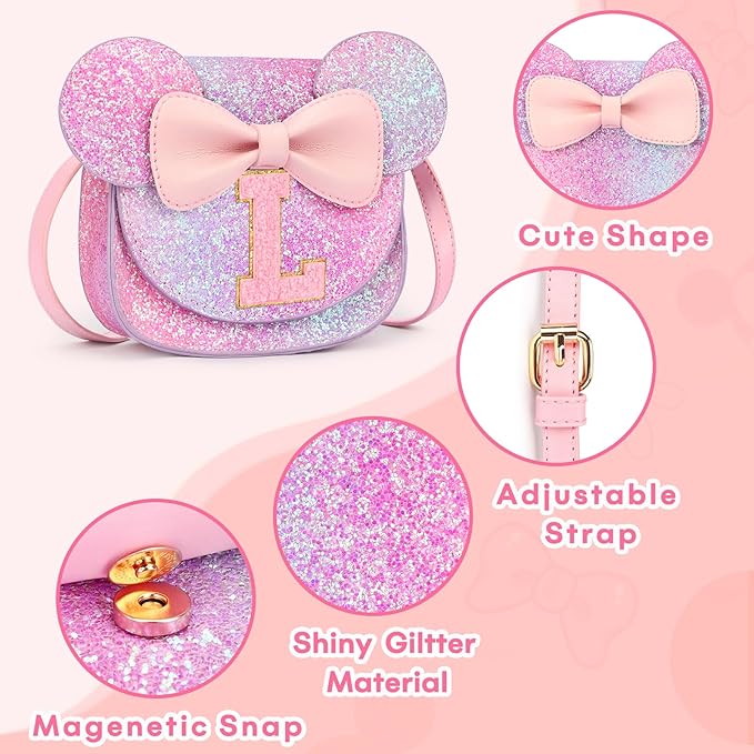 mibasies Toddler Purse Girl Gifts: Girls Birthday Gifts for 3-8 - Toys for Ages 2-4 Girls Mouse Ears Purse, Purple Rainbow, Letter L