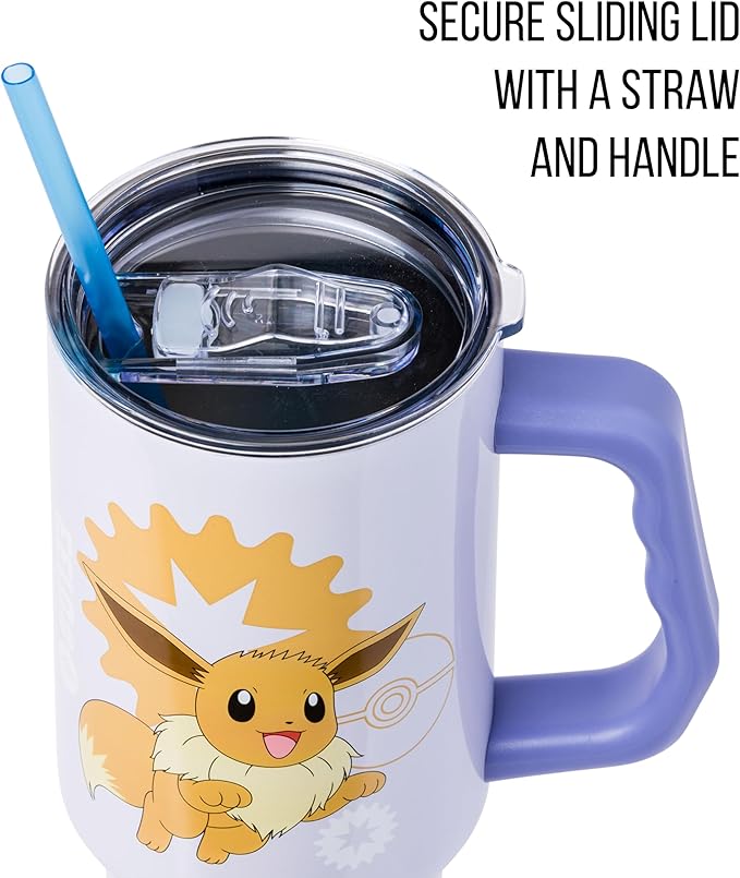 Silver Buffalo Pokémon Double Walled Stainless Steel Tumbler with Handle Featuring Eevee, Fits in Standard Cup Holder, 40 Ounces