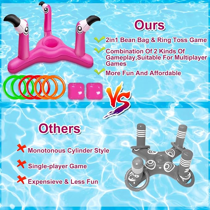 [ Bean Bag & Ring Toss ] Inflatable Flamingo Pool Toys Games Set 2-in-1 Floating Pool Rings Toss & Cornhole Summer Swimming Hawaii Luau Party Water Game for Adults Beach Backyard