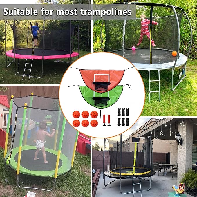2PCS Trampoline Basketball Hoop Attachments, with 6 Mini Basketball and Pump, Easy to Assemble Soft Lightweight- Universal Outdoor Trampoline Game Attachments