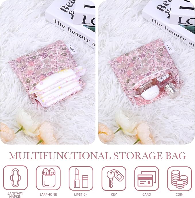 DGAZ Sanitary Napkin Storage Bag, Period Bag for Teen Aged Girls, Portable Period Bag for Panty Liners/Menstrual Cup/Small Tampons，Mini Makeup Bag for Purse(Peach Blossoms)