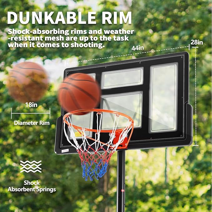 DUMOS 10FT Adjustable Height Portable Basketball Hoop Outdoor for Adult, 44 Inch Shatterproof Backboard w/Shock Absorbent Rim, Fillable Base, 2 Wheels for Swimming Pool/Indoor