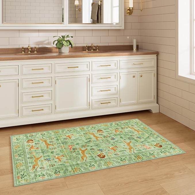 DUKINO 2x4 Rug for Entryway, Animal Washable Rug for Kitchen, Light Green | Non Slip, Low Pile, Stain Resistant Indoor Runner Rug for Hallway, Bedroom, Bathroom, Laundry, Pet Friendly, Non-Shedding