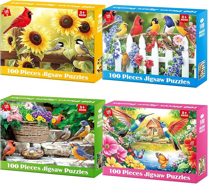 4-Pack 100 Piece Puzzles for Kids Ages 6-8 8-10 Year Old, Birds Puzzles, Large Piece Puzzle for Seniors 100 Pieces Adults Jigsaw Puzzle, Learning Educational Toys for Boys and Girls