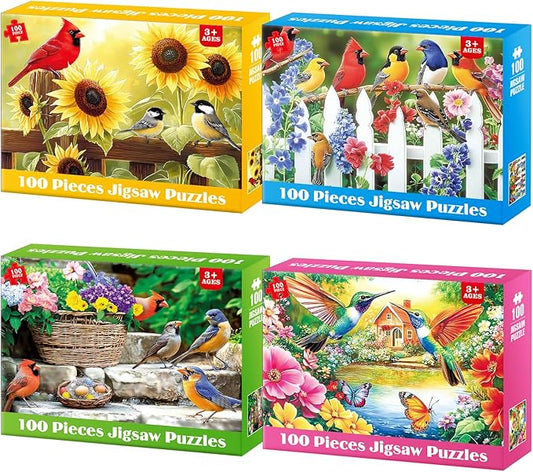4-Pack 100 Piece Puzzles for Kids Ages 6-8 8-10 Year Old, Birds Puzzles, Large Piece Puzzle for Seniors 100 Pieces Adults Jigsaw Puzzle, Learning Educational Toys for Boys and Girls