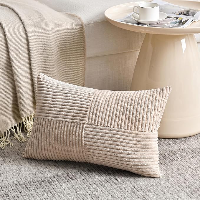 Fancy Homi 2 Packs Tan Lumbar Decorative Throw Pillow Covers 14x24 Inch for Living Room Couch Bed Sofa, Boho Home Decor, Soft Striped Corduroy Rectangle Accent Beige Cushion Case 35x60 cm