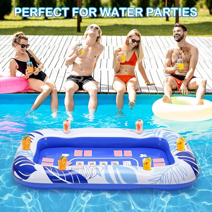 56IN Oversize Floating Card Game Table for Pool with Waterproof Cards - Inflatable Floating Card Table for Adults, Snack Drink Tray with Cup Holders, Hot Tub Lake Summer Beach Fun Accessories