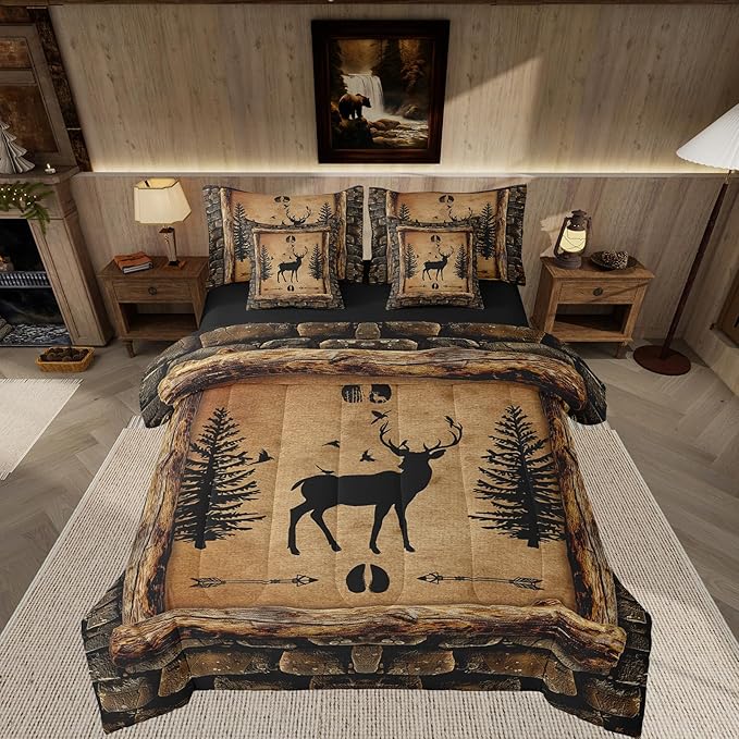 Feelyou Rustic Cabin Deer 7 Piece Bedding Set Full Size Kids Camo Hunting Deer Comforter Set with Sheets for Boys Girls Farmhouse Forest Animal Bed in a Bag Wildlife Room Decor