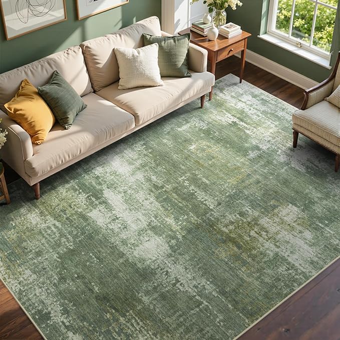 9x12 Ft Extra Large Washable Area Rugs for Living Room, Soft Non-Slip Modern Abstract Pattern Carpet for Bedroom Indoor Floor Nursery Home Decor (Green/White)