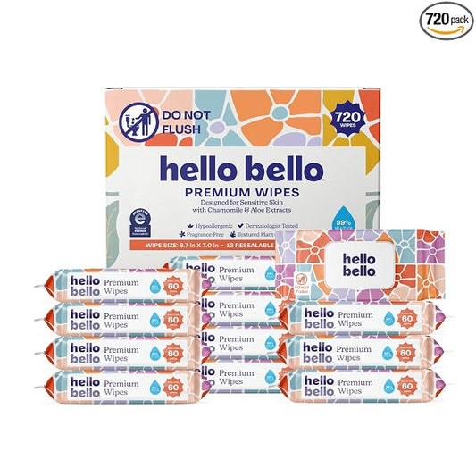 Hello Bello Premium Wipes, Designed for Sensitive Skin with Chamomile & Aloe Extracts, Flower Pop (12 Resealable Packets = 720 Total Wipes)