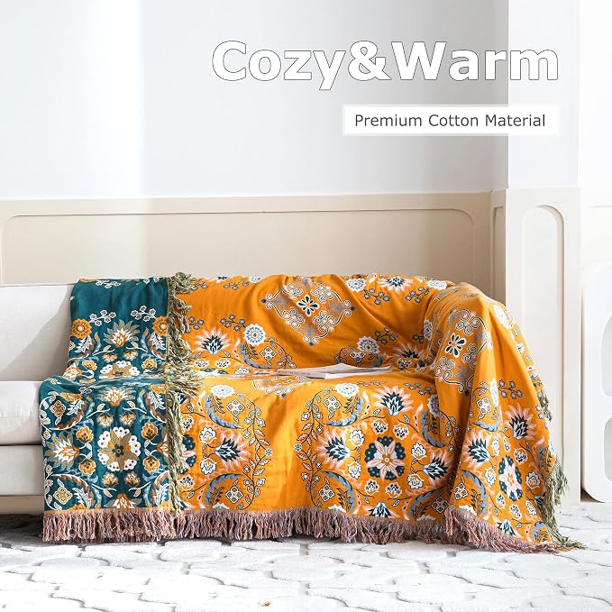 LUTBM Boho Throw Blanket for Bed 100% Cotton Soft Lightweight Quilt Reversible Summer Blanket Floral Embroidery Home Decor Bed Blankets,90"x98" All Season Blankets for Sofa Couch Chair
