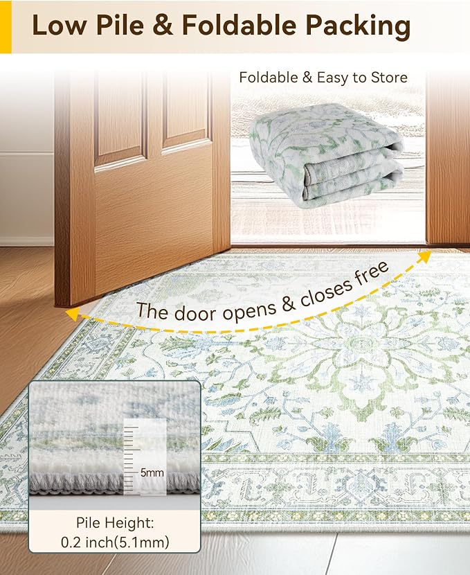 RELEANY Area Rugs Small 2'x4' Washable Non-Slip, Floral Vintage Distress Medallion Carpet for Kitchen Entryway Bathroom, Green White Blue