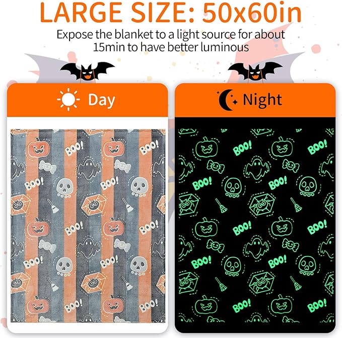 Glow in The Dark Halloween Blanket Gifts for Girls Boys, Soft Pumpkin Blanket 3 4 5 6 7 8 9 10 Year Old Girl Gifts, Girls Toys Age 6-8, Girls Gifts for Birthday, 50"x60"