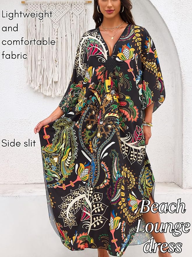 ChiaoLezhee Print Moo-Moos for Women, Kaftan Cover-Up Dresses, Sexy V-Neck High-Slit, Beach Pool-Party Coverups Muumuu Plus
