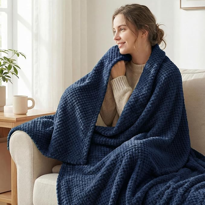 Exclusivo Mezcla Soft Waffle Fleece Bed Blanket King Size, Navy | Lightweight Plush Blanket for Bed, Bedroom, Cozy Flannel with Waffle Texture, Stylish Home Decor, All Season, 104x90 Inches