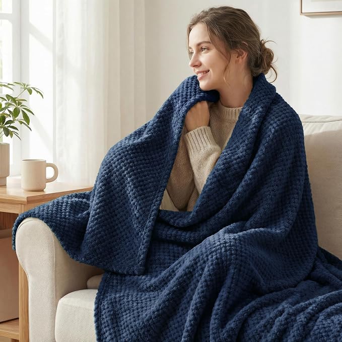 Exclusivo Mezcla Soft Waffle Fleece Bed Blanket Twin XL Size, Navy | Lightweight Plush Blanket for Bed, Couch, Sofa, Cozy Fluffy Design for Bedroom, Guest Room, All Season, 90x66 Inches