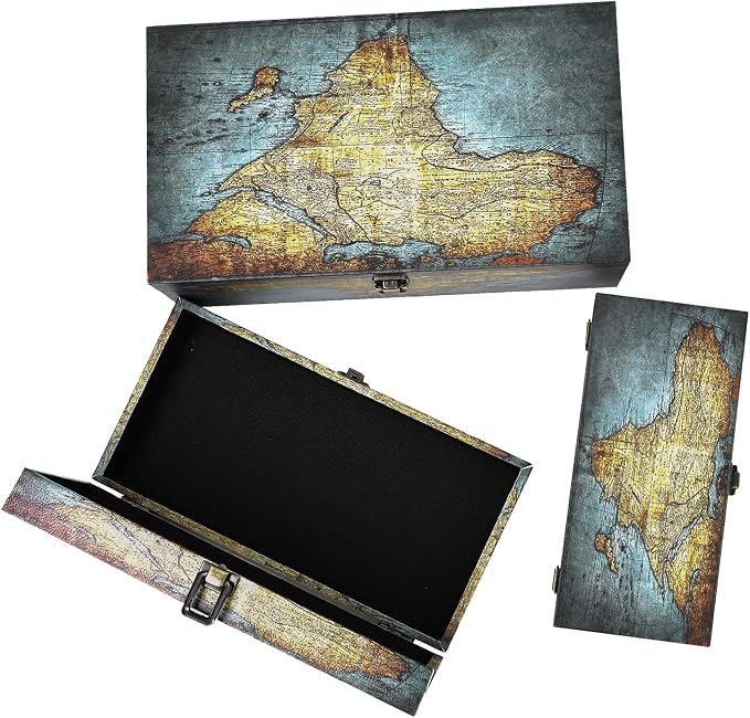 Jolitac Wood Storage Box Set of 3, Vintage Decorative Nesting Boxes Wooden Treasure Storage Crates With Latch, Home Decor Rustic Antique Boxes With Lid for Photos, Jewelry, Cash (Rectangle- Map)