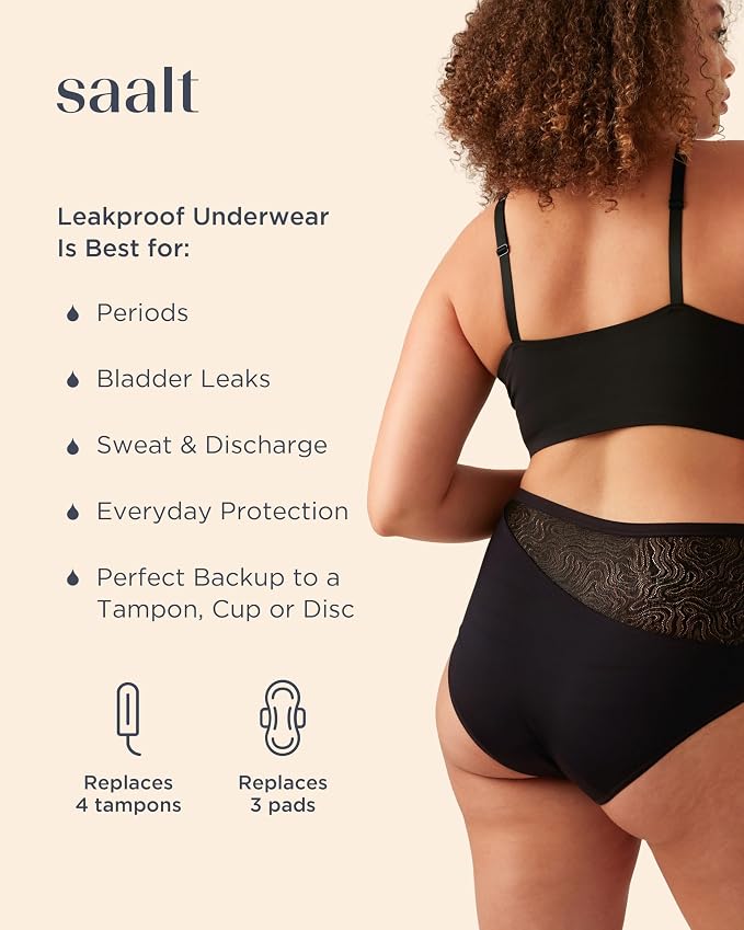 saalt Lace High Waisted Period Underwear | Leakproof, Silky Soft, Recycled Fabric, Full Coverage