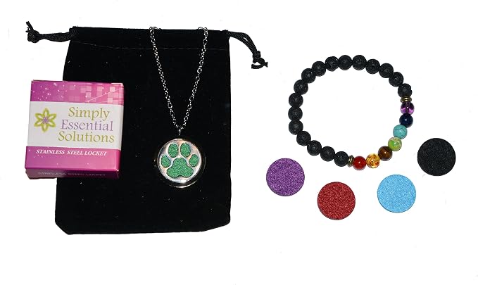Aromatherapy Essential Oil Diffuser Stainless Steel 30MM Silver Magnetic Locket Pendant with Chain Necklace and Colored Refill Pads & Diffuser Bracelet All in a Velvet Bag (Dog Paw)