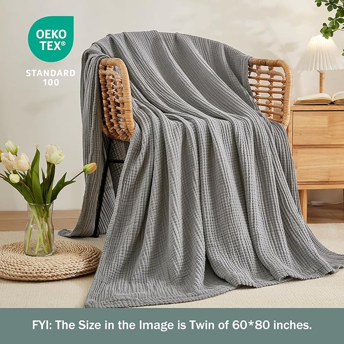 EMME Cotton Blanket Twin XL for Bed Soft Muslin Blankets 66"x90" Lightweight Breathable Layering Bedspread Coverlet All Season Gauze, Grey