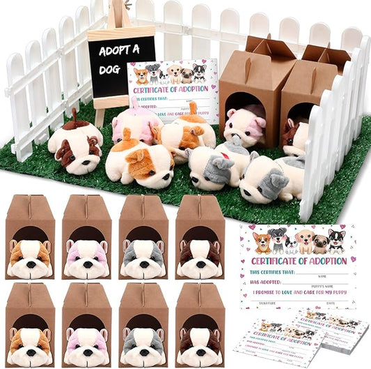 84 Pcs Adopt a Pet Party Favors 24 Mini Plush Stuffed Animals 10 White Plastic Fence 24 Paper Gift Boxes 24 Adoption Cards with Mini Chalkboard and Artificial Lawn(Shar Pei)