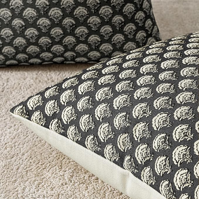 MIULEE Floral Print Decorative Pillow Covers Fall 20x20, Black | Vintage Boho Farmhouse Modern Home Decor, Set of 2, Block Print Cushion Covers for Couch Sofa Bed Living Room