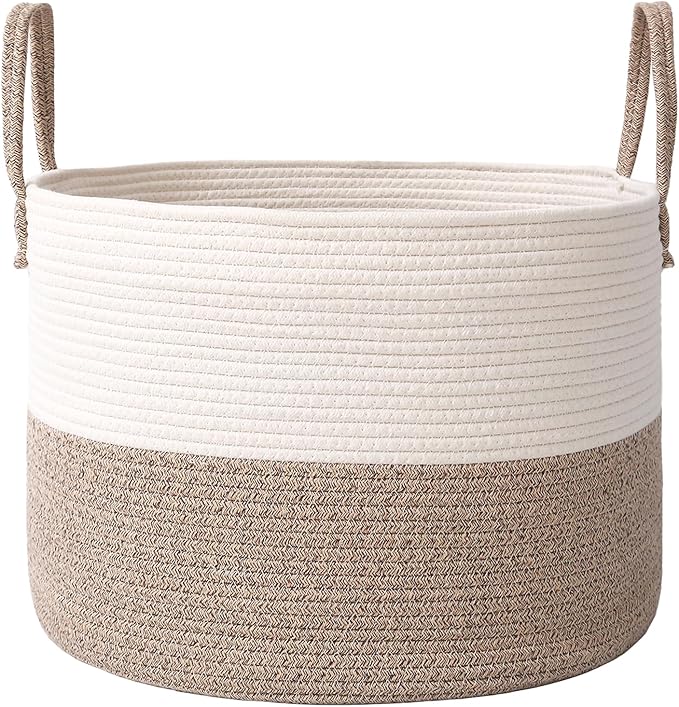 JMvicyroam 65L Extra Large Machine Washable Cotton Rope Blanket Basket | Collapsible laundry hamper, Reinforced handles, For blankets, pillows, toys and clothes, Living room and bedroom, White&Brown