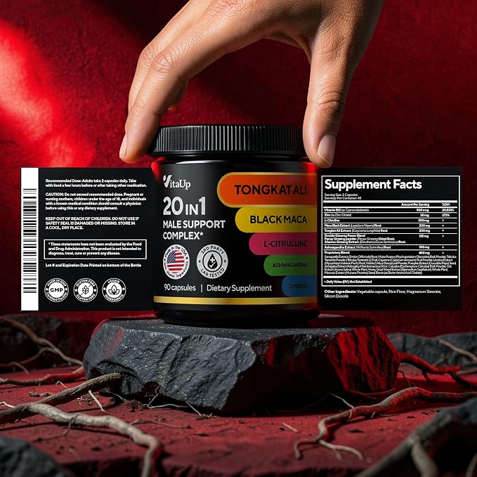 Vitamins for Men 20 in 1 - USA Made Advanced Complex with Tongkat Ali, Black Maca Root for Men, Zinc, Vitamin B12, Astragalus for Normal Energy Support - 90 Vegan Caps