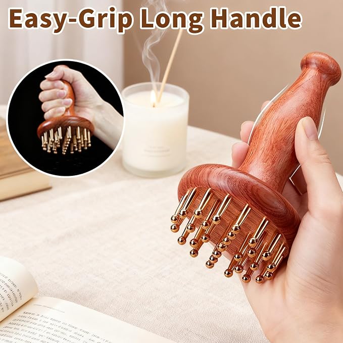 29-Teeth Copper Copper Head Massage Comb for Body and Scalp, Brass Body Massage Brush Rosewood Handle Body Massage for Abdomen Legs Back – Portable Chinese SPA GuaSha Tool